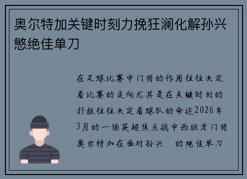 奥尔特加关键时刻力挽狂澜化解孙兴慜绝佳单刀